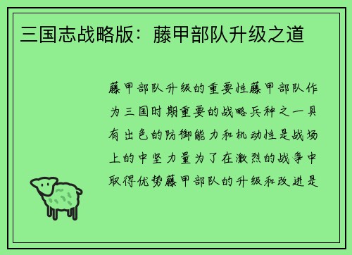 三国志战略版：藤甲部队升级之道